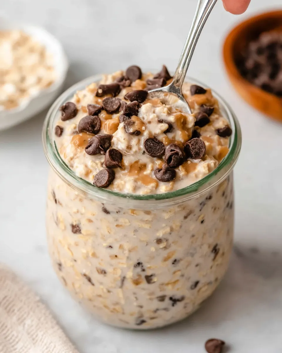 A mason jar filled with creamy cookie dough overnight oats topped with mini chocolate chips and a drizzle of peanut butter, served with a spoon on a rustic wooden surface.