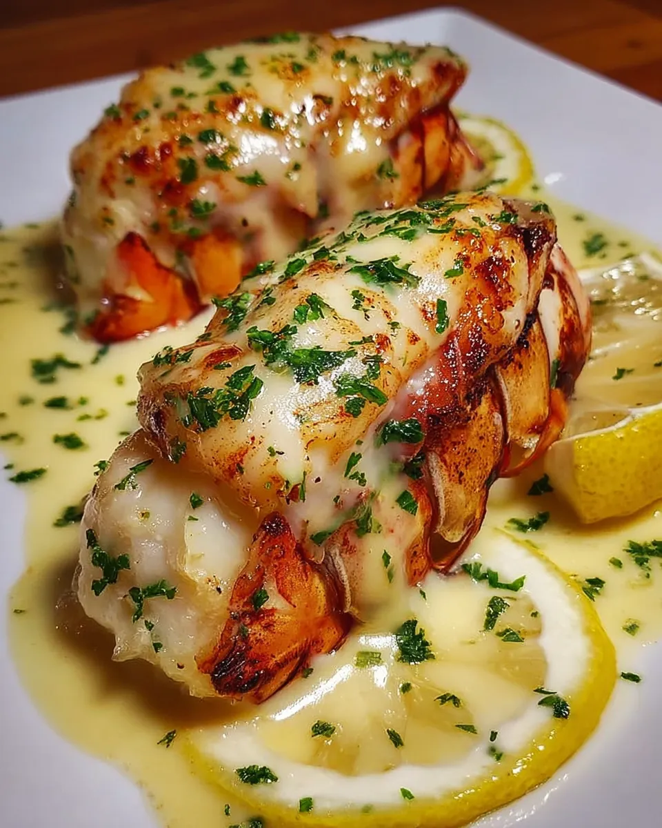 Creamy garlic butter lobster tails garnished with herbs and served with lemon slices