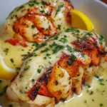 Creamy garlic butter lobster tails garnished with herbs and served with lemon slices