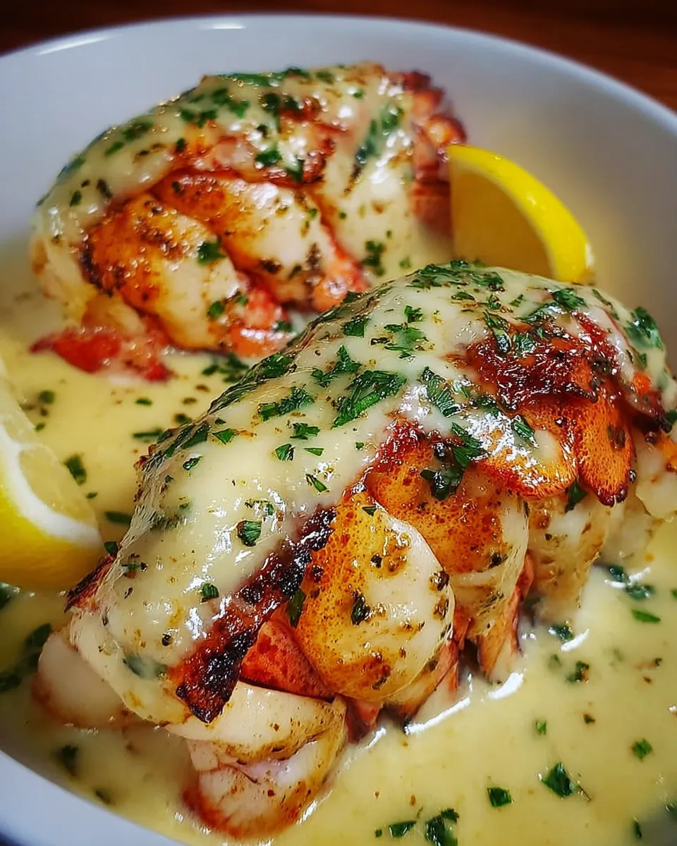 Creamy garlic butter lobster tails garnished with herbs and served with lemon slices