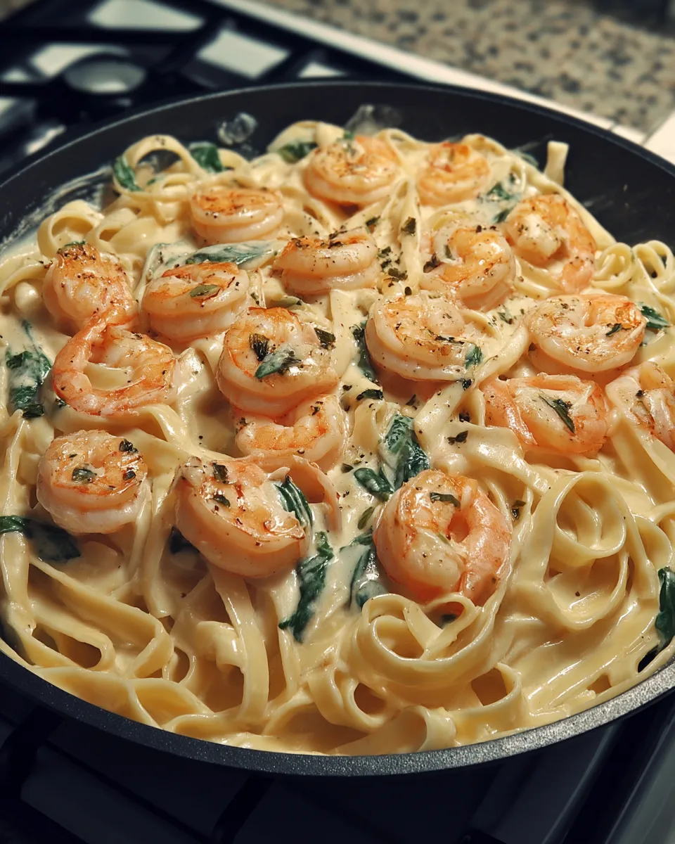 A plate of Creamy Marry Me Shrimp Pasta topped with tender shrimp, sun-dried tomatoes, and a rich, velvety cream sauce, garnished with fresh basil.