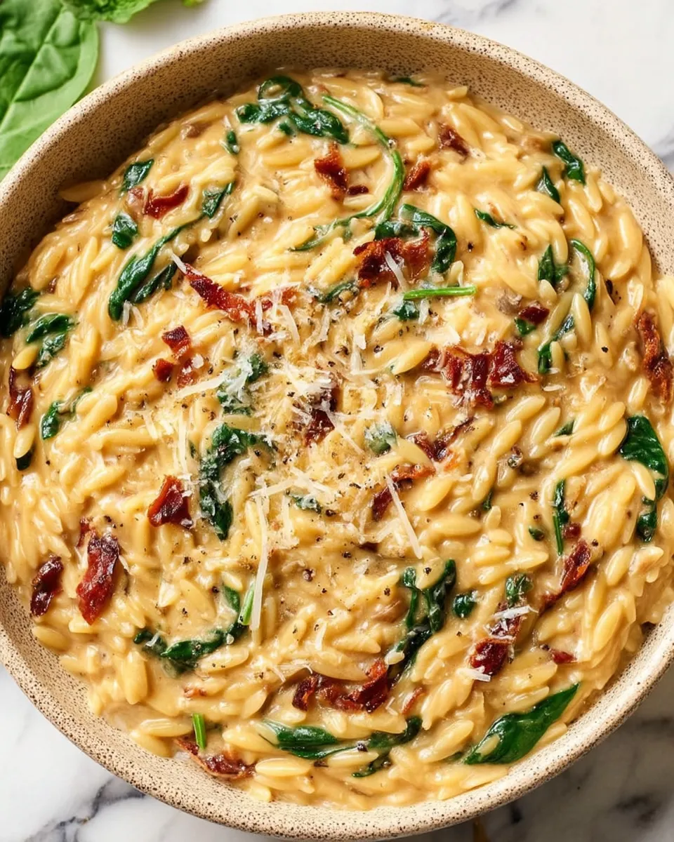 Creamy Tuscan Orzo with sun-dried tomatoes, spinach, and garlic in a rich parmesan sauce