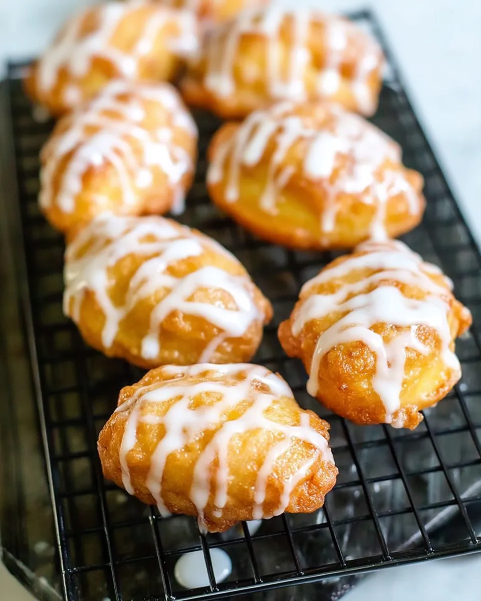 Golden, crispy peach fritters with chunks of fresh peaches, glazed with vanilla icing and stacked on a rustic cooling rack.