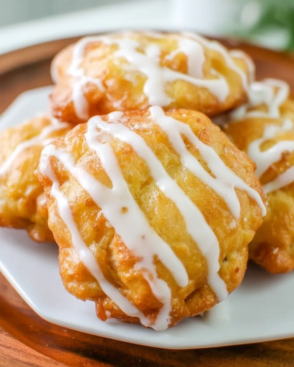 Golden, crispy peach fritters with chunks of fresh peaches, glazed with vanilla icing and stacked on a rustic cooling rack.