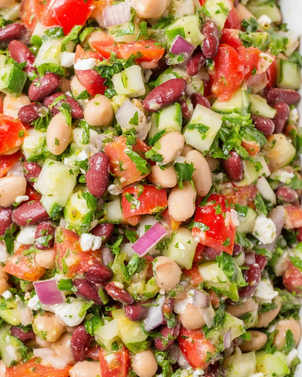 A colorful Double Bean Mediterranean Salad with chickpeas, kidney beans, cucumber, tomatoes, red onion, olives, and fresh herbs tossed in olive oil and lemon dressing.