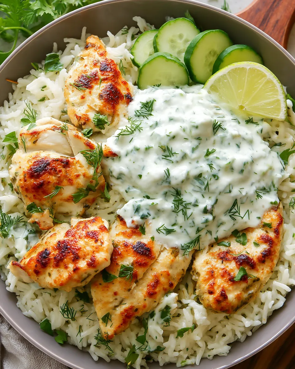 Baked chicken with creamy tzatziki sauce served over fluffy rice in a casserole dish, garnished with fresh herbs.