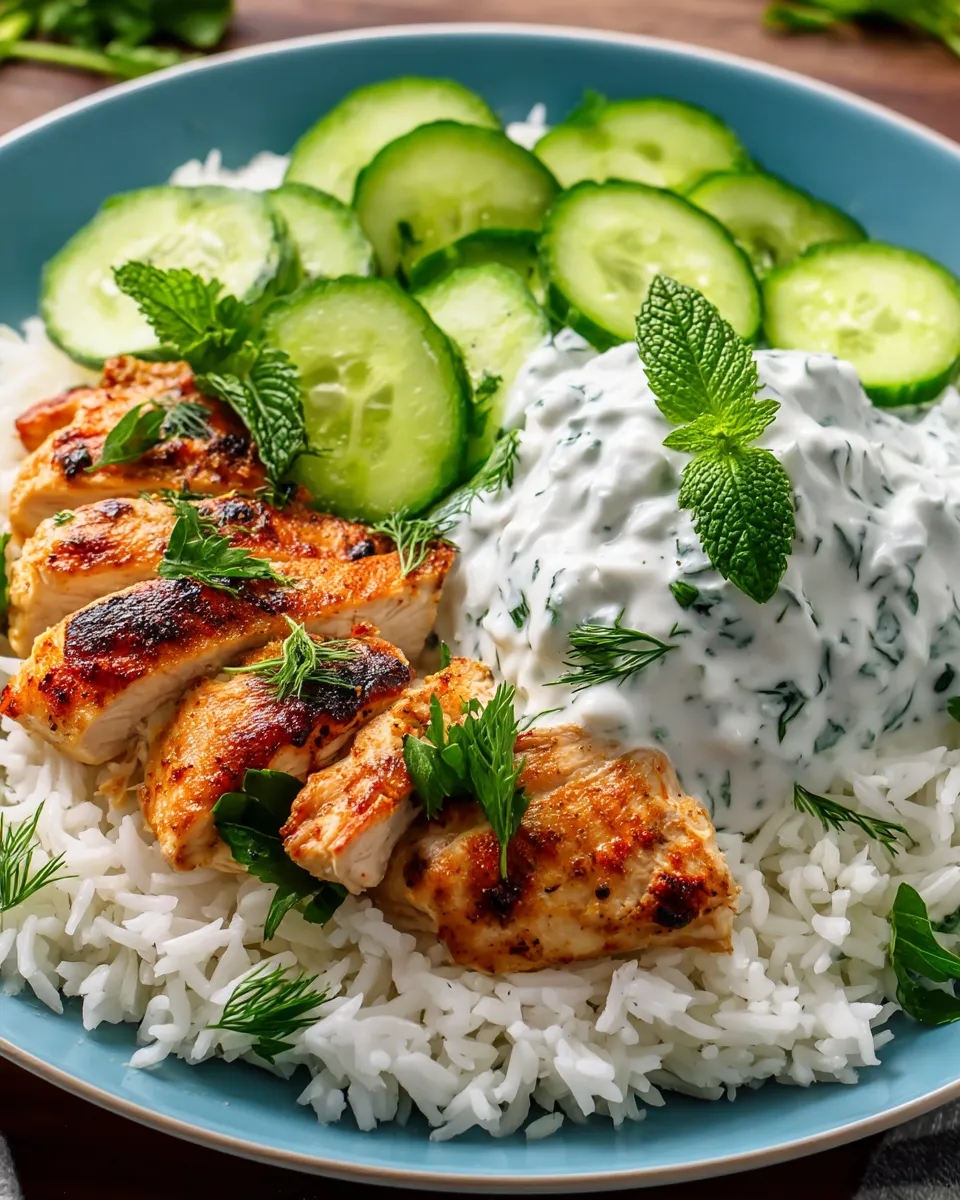 Baked chicken with creamy tzatziki sauce served over fluffy rice in a casserole dish, garnished with fresh herbs.