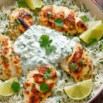 Baked chicken with creamy tzatziki sauce served over fluffy rice in a casserole dish, garnished with fresh herbs.