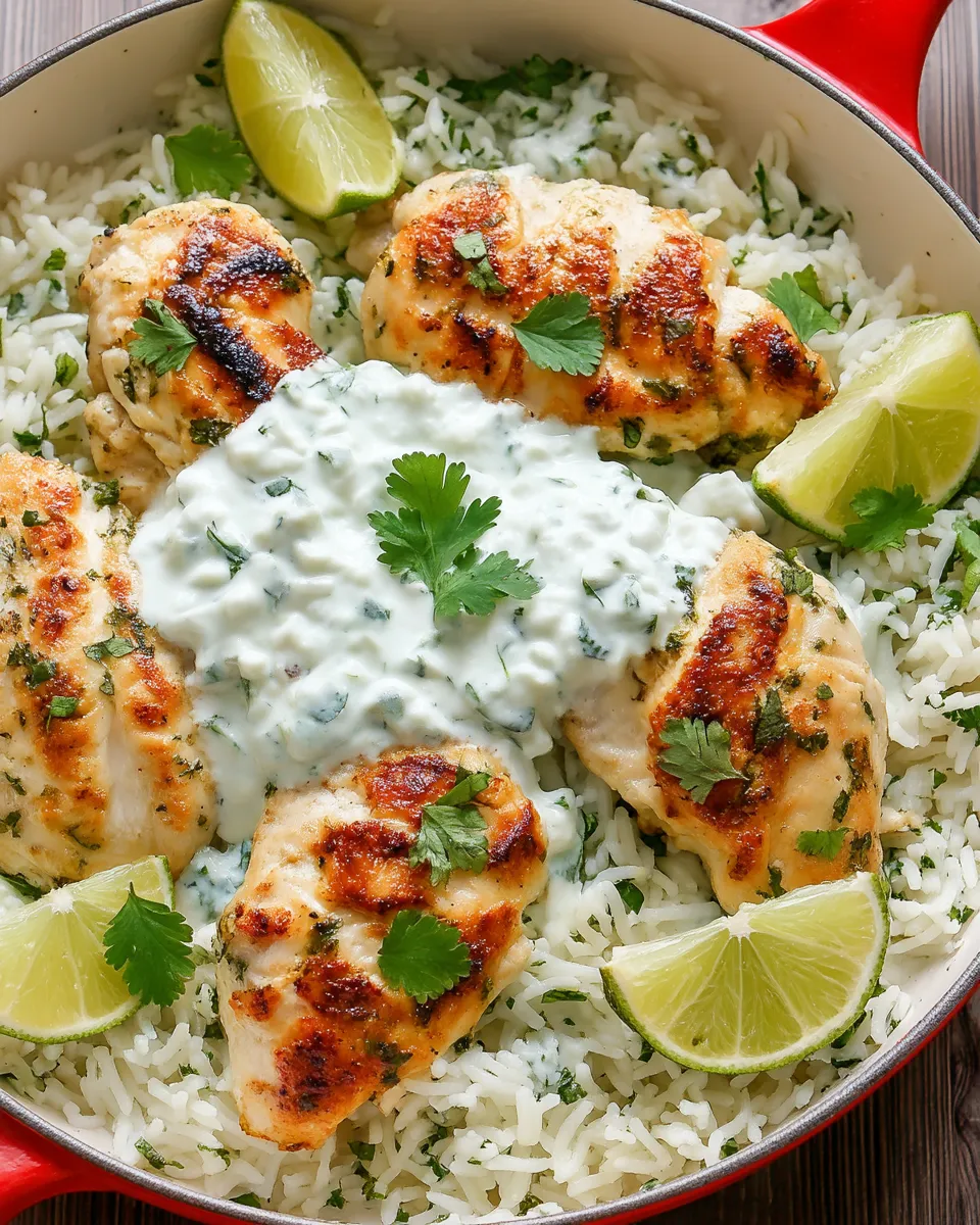 Baked chicken with creamy tzatziki sauce served over fluffy rice in a casserole dish, garnished with fresh herbs.
