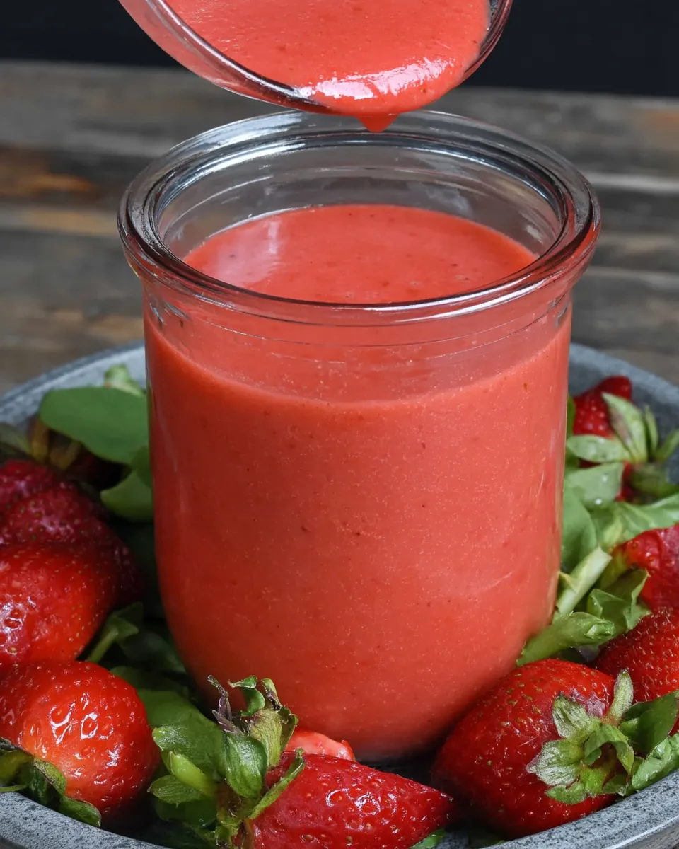Glass jar of homemade Easy Strawberry Vinaigrette with a vibrant pink hue, surrounded by fresh strawberries and greens.