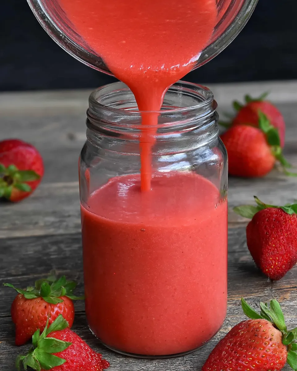 Glass jar of homemade Easy Strawberry Vinaigrette with a vibrant pink hue, surrounded by fresh strawberries and greens.