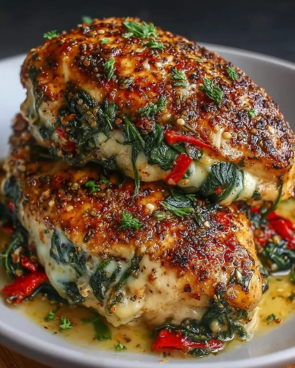 Stuffed chicken breast sliced open, revealing melted mozzarella, spinach, and roasted red pepper