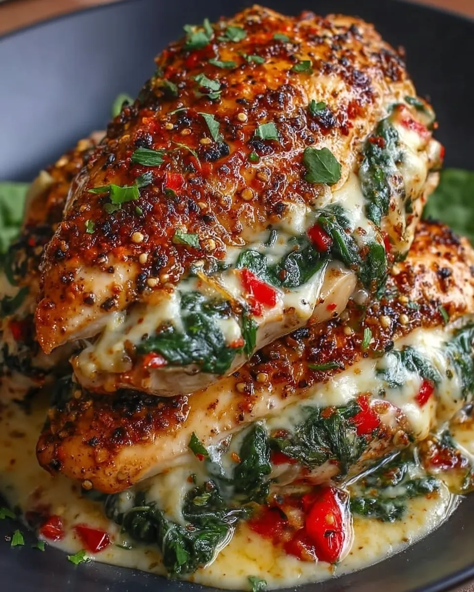 Stuffed chicken breast sliced open, revealing melted mozzarella, spinach, and roasted red pepper