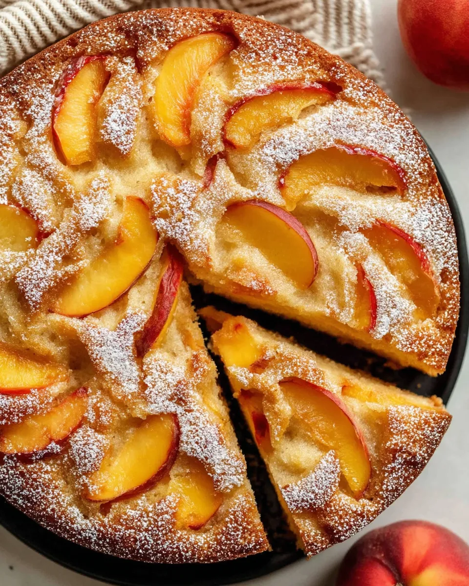 Golden-brown fresh peach cake topped with juicy peach slices and a light sugar crust, served on a rustic plate.