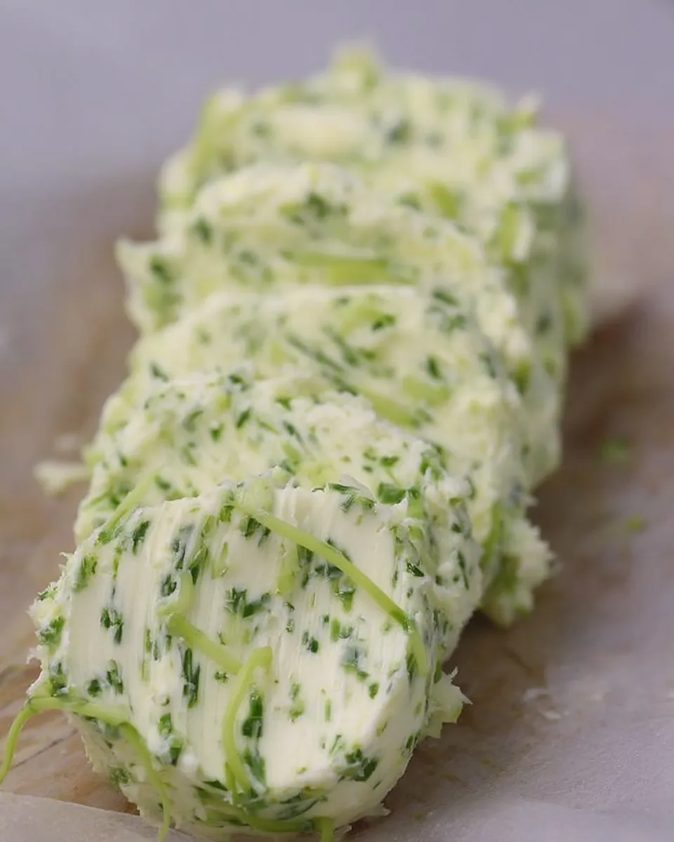 A small dish of creamy garlic scapes butter with flecks of green herbs, next to a bundle of fresh garlic scapes and sliced crusty bread. 