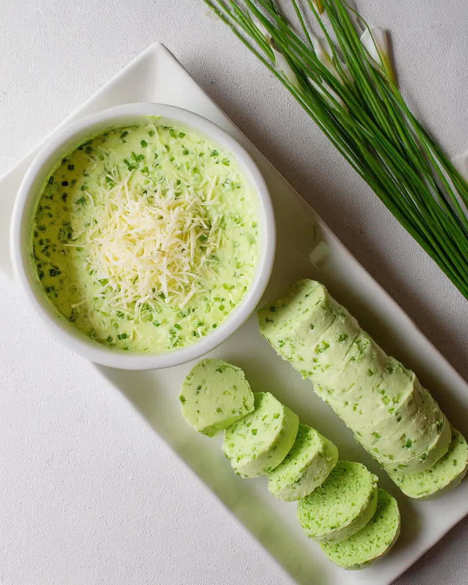 A small dish of creamy garlic scapes butter with flecks of green herbs, next to a bundle of fresh garlic scapes and sliced crusty bread. 