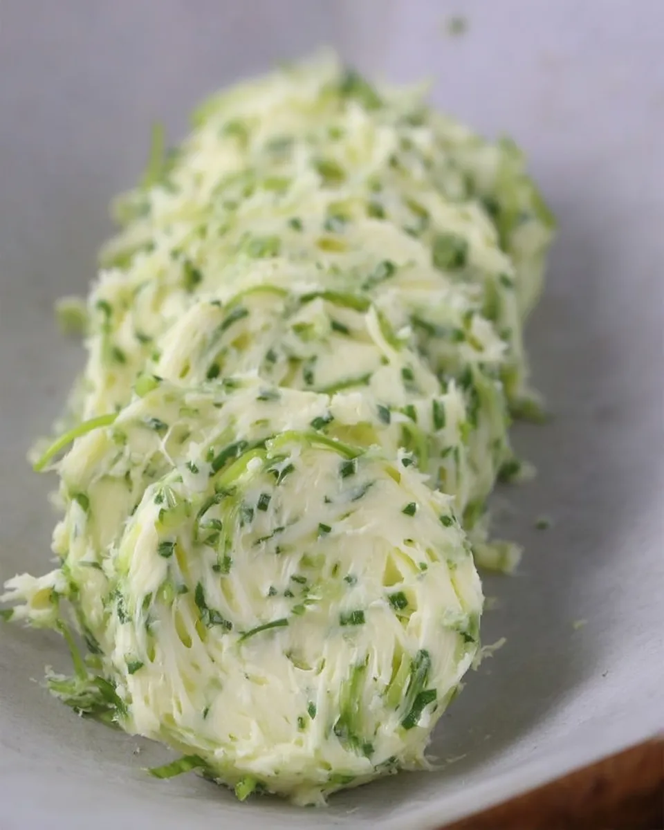 A small dish of creamy garlic scapes butter with flecks of green herbs, next to a bundle of fresh garlic scapes and sliced crusty bread.