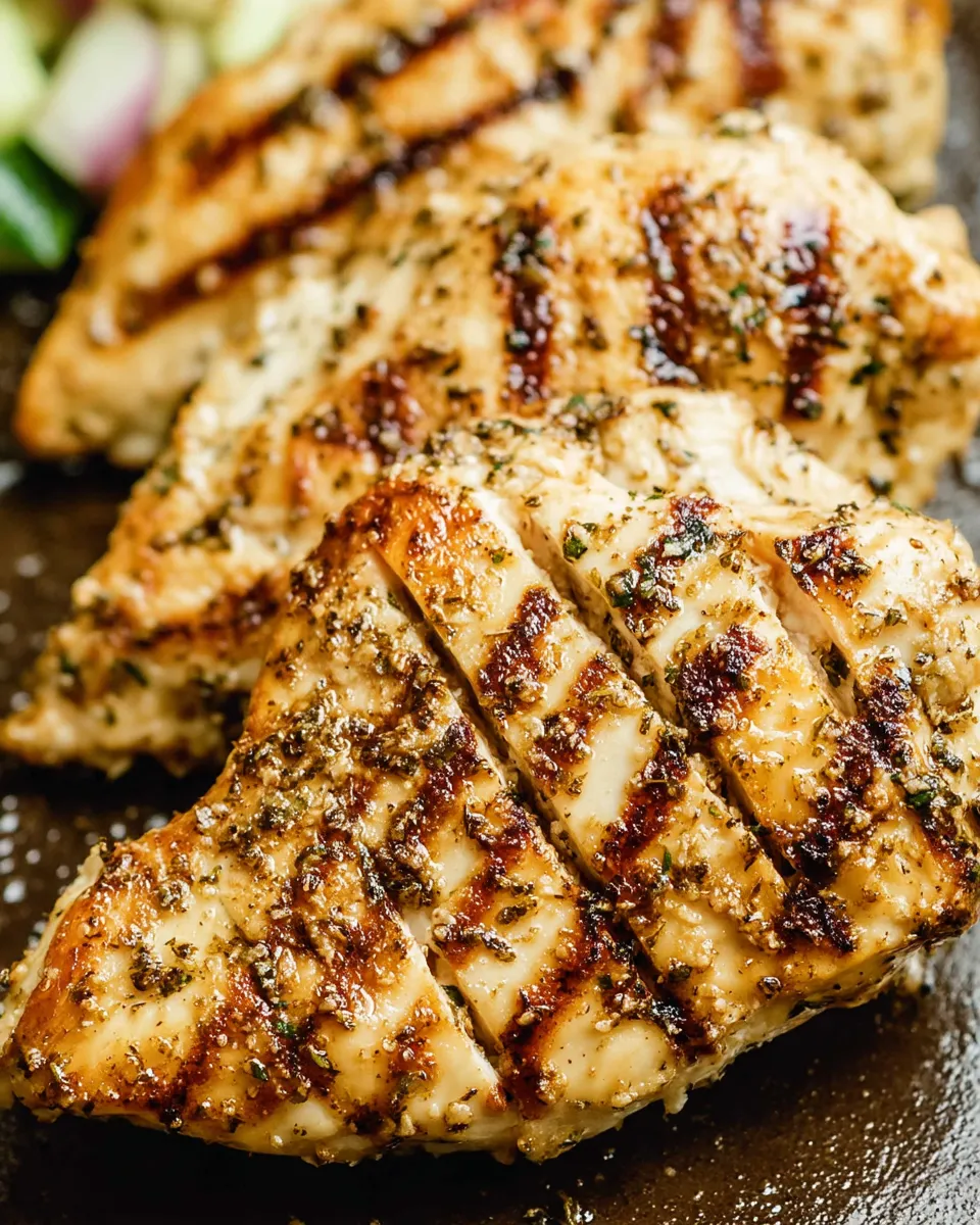 Grilled Greek Marinated Chicken thighs garnished with fresh herbs and lemon wedges on a rustic plate.