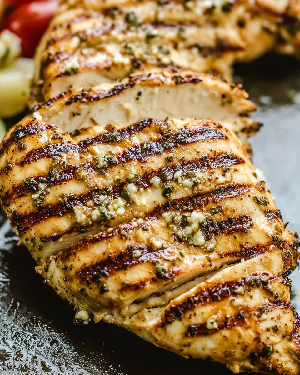 Grilled Greek Marinated Chicken thighs garnished with fresh herbs and lemon wedges on a rustic plate.