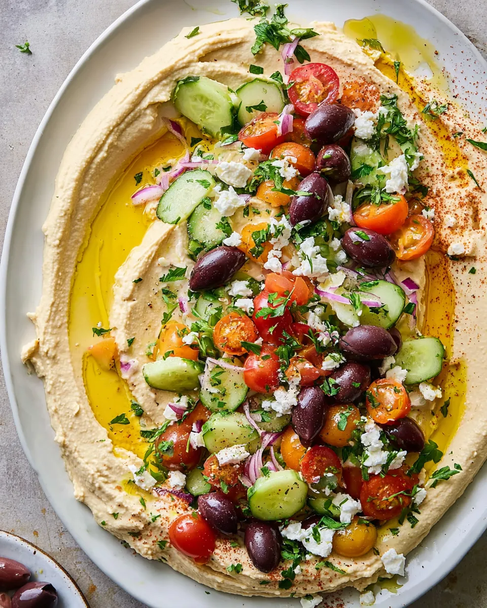 Greek style loaded hummus with vegetables and pita