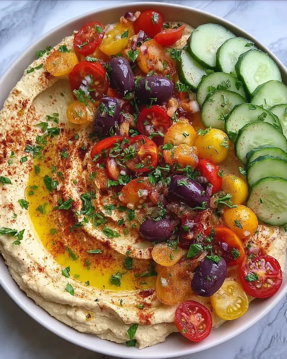 Greek Style Loaded Hummus topped with fresh vegetables, olives, and feta cheese.