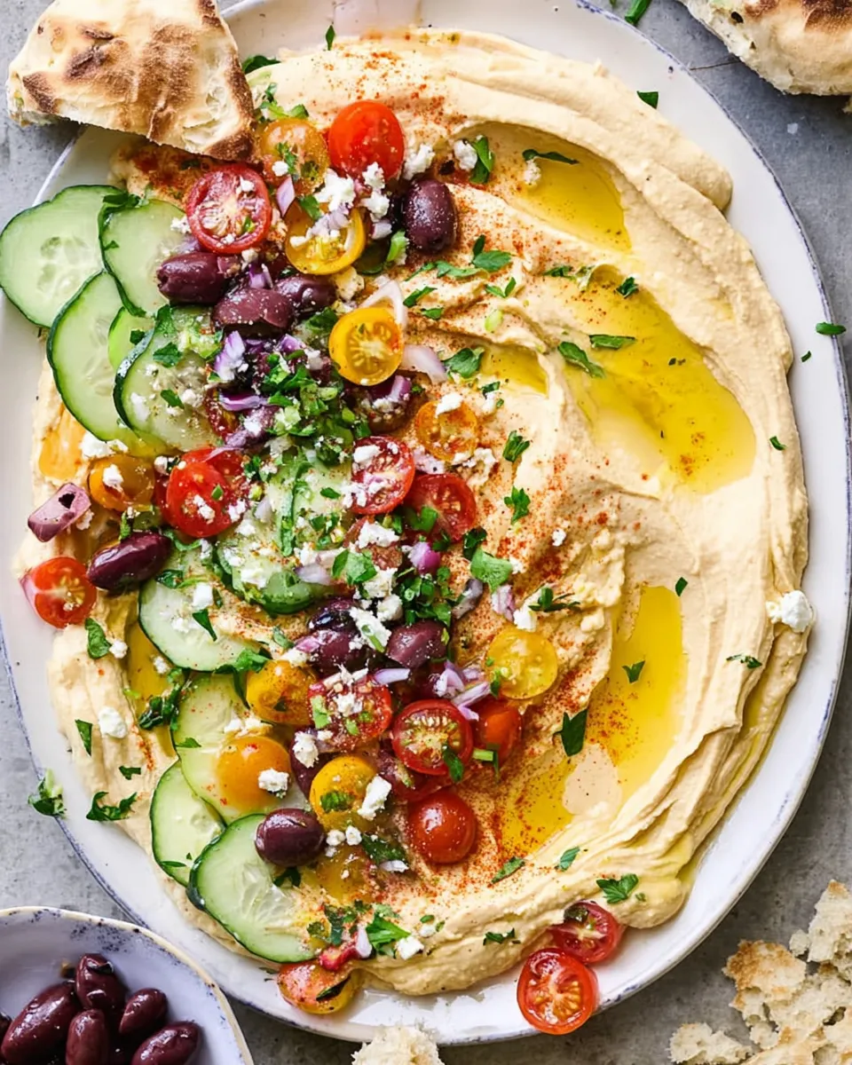 Greek style loaded hummus platter with toppings and pita