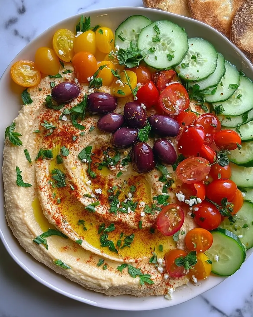 Greek Style Loaded Hummus topped with fresh vegetables, olives, and feta cheese.