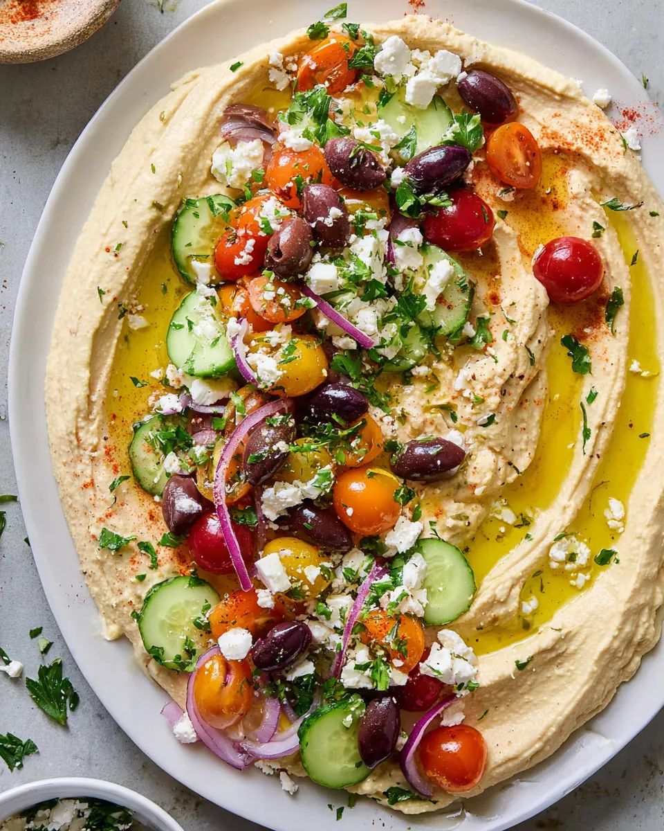 Greek style loaded hummus with vegetables and herbs