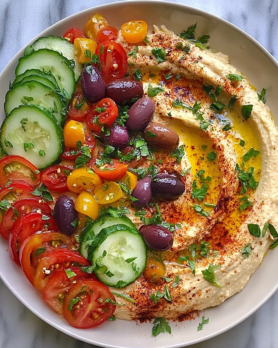 Greek Style Loaded Hummus topped with fresh vegetables, olives, and feta cheese.