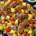 Hawaiian Pineapple Chicken Sheet Pan with bell peppers, red onions, and juicy pineapple chunks