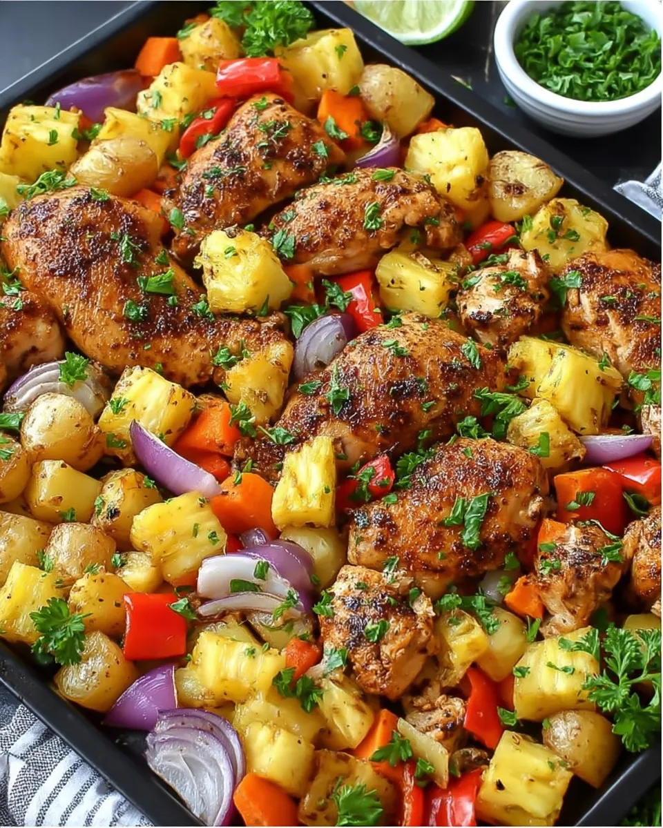 Hawaiian Pineapple Chicken Sheet Pan with bell peppers, red onions, and juicy pineapple chunks