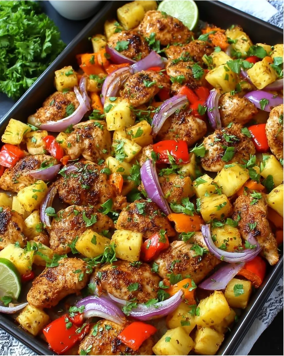 Hawaiian Pineapple Chicken Sheet Pan with bell peppers, red onions, and juicy pineapple chunks