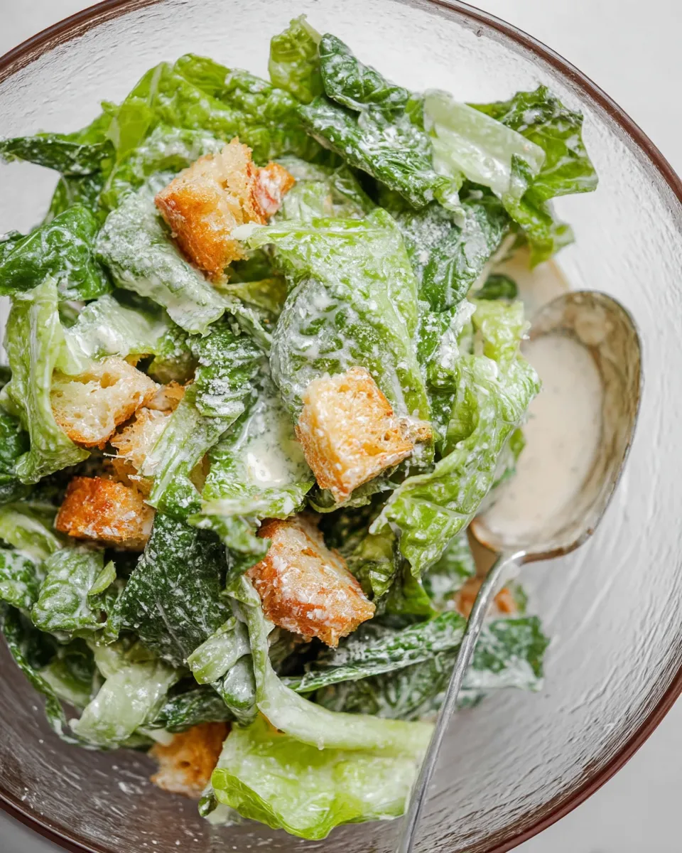 A small glass jar filled with creamy homemade Caesar salad dressing, surrounded by lemon slices, grated Parmesan, garlic cloves, and anchovies on a rustic wooden surface.