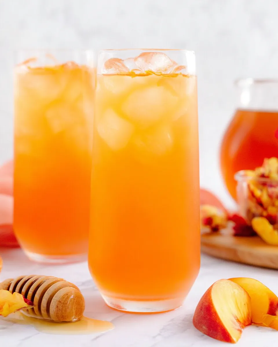 A tall glass of homemade honey peach sweet tea garnished with peach slices and fresh mint, served over ice with a golden glow in natural sunlight.