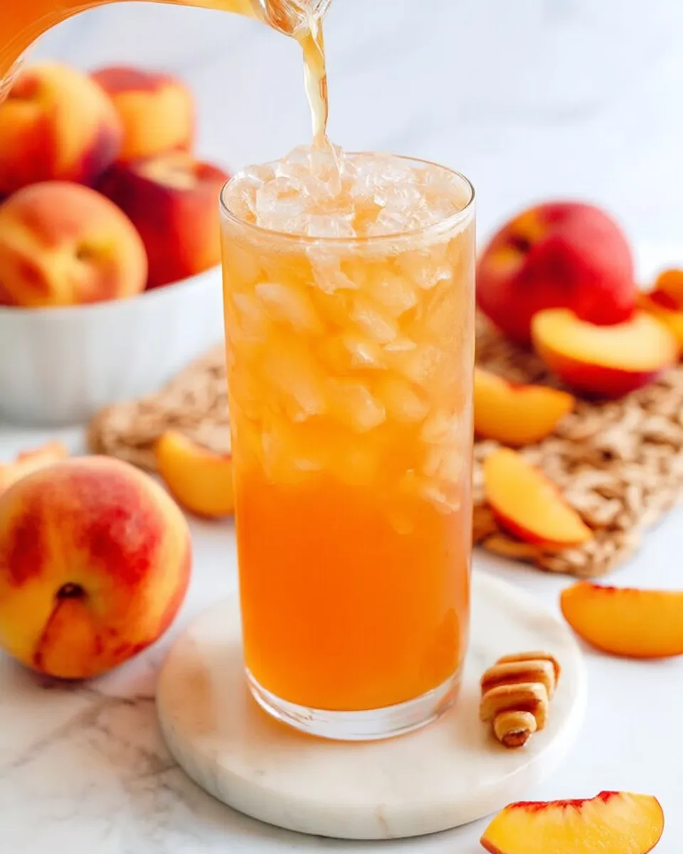 A tall glass of homemade honey peach sweet tea garnished with peach slices and fresh mint, served over ice with a golden glow in natural sunlight.
