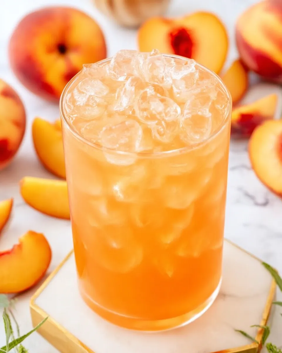 A tall glass of homemade honey peach sweet tea garnished with peach slices and fresh mint, served over ice with a golden glow in natural sunlight.