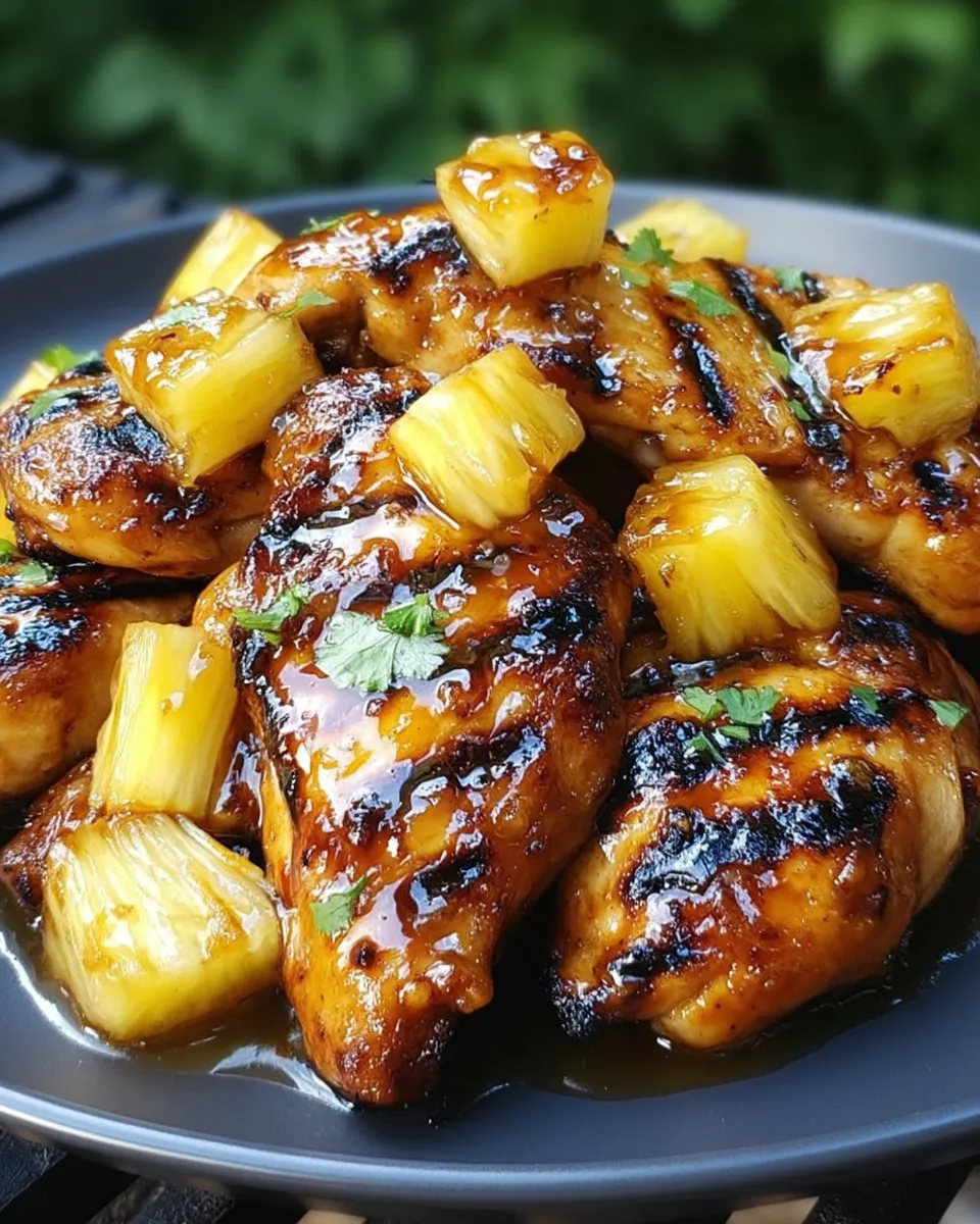 Grilled chicken breasts glazed with honey pineapple sauce, garnished with fresh herbs and pineapple slices on a serving platter.