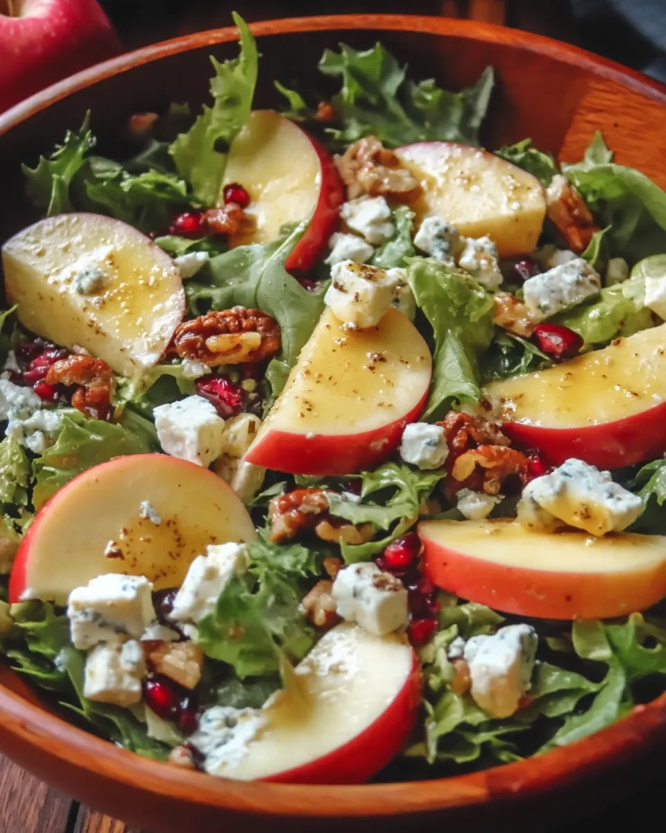A fresh fall salad with sliced Honeycrisp apples, crumbled feta cheese, baby greens, candied pecans, and a light vinaigrette dressing served in a white bowl.
