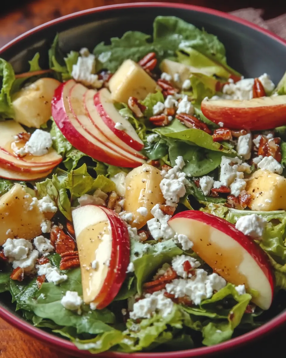 A fresh fall salad with sliced Honeycrisp apples, crumbled feta cheese, baby greens, candied pecans, and a light vinaigrette dressing served in a white bowl.