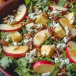 A fresh fall salad with sliced Honeycrisp apples, crumbled feta cheese, baby greens, candied pecans, and a light vinaigrette dressing served in a white bowl.