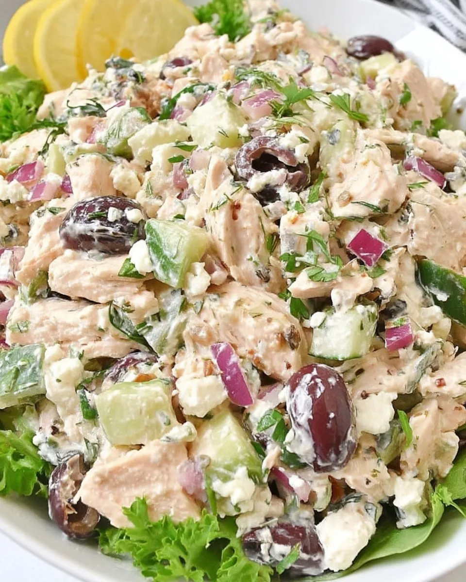 Keto Mediterranean chicken salad with grilled chicken cherry tomatoes feta olives and fresh basil