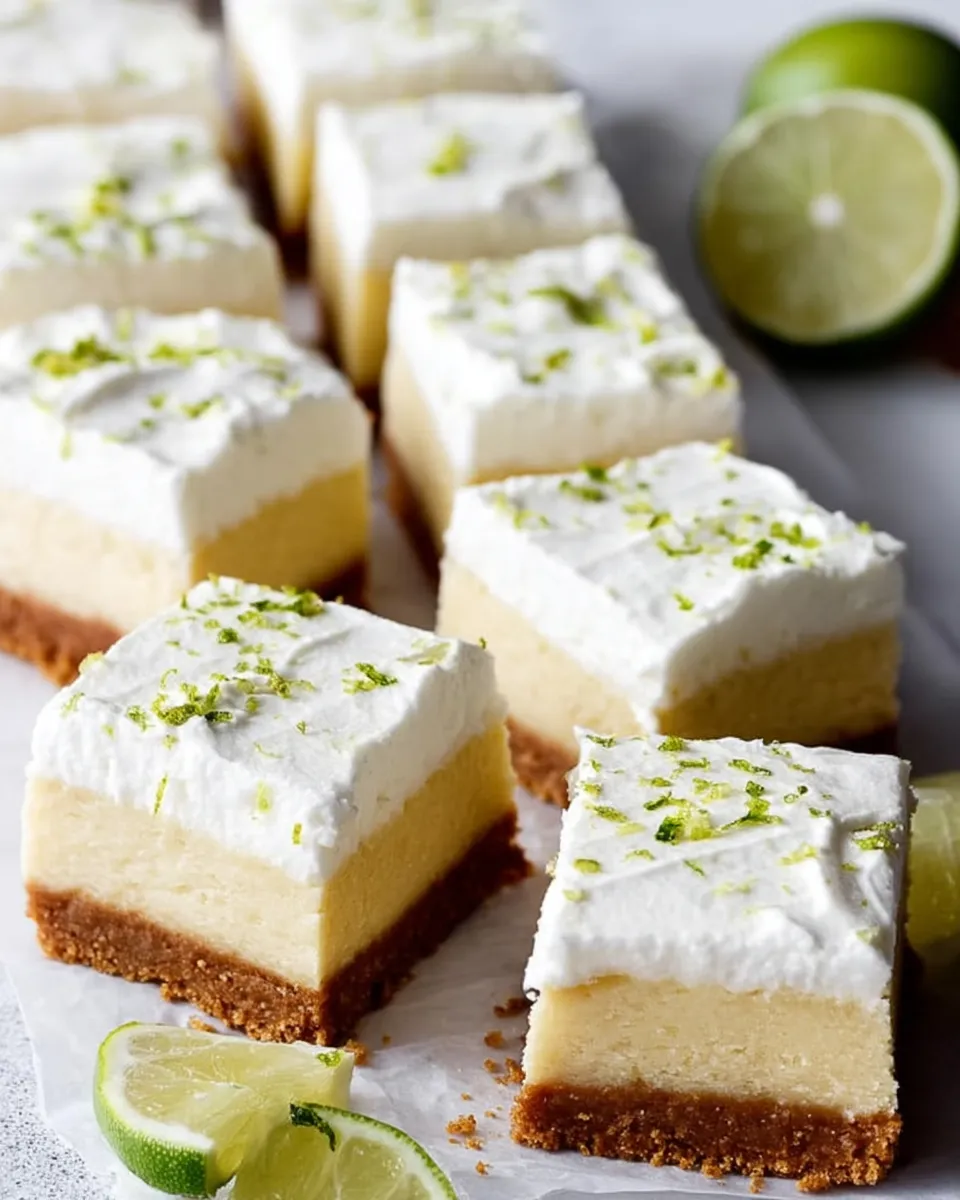 Square-shaped Key Lime Pie Bars with a creamy lime filling and golden graham cracker crust, topped with lime zest and served on a white plate.