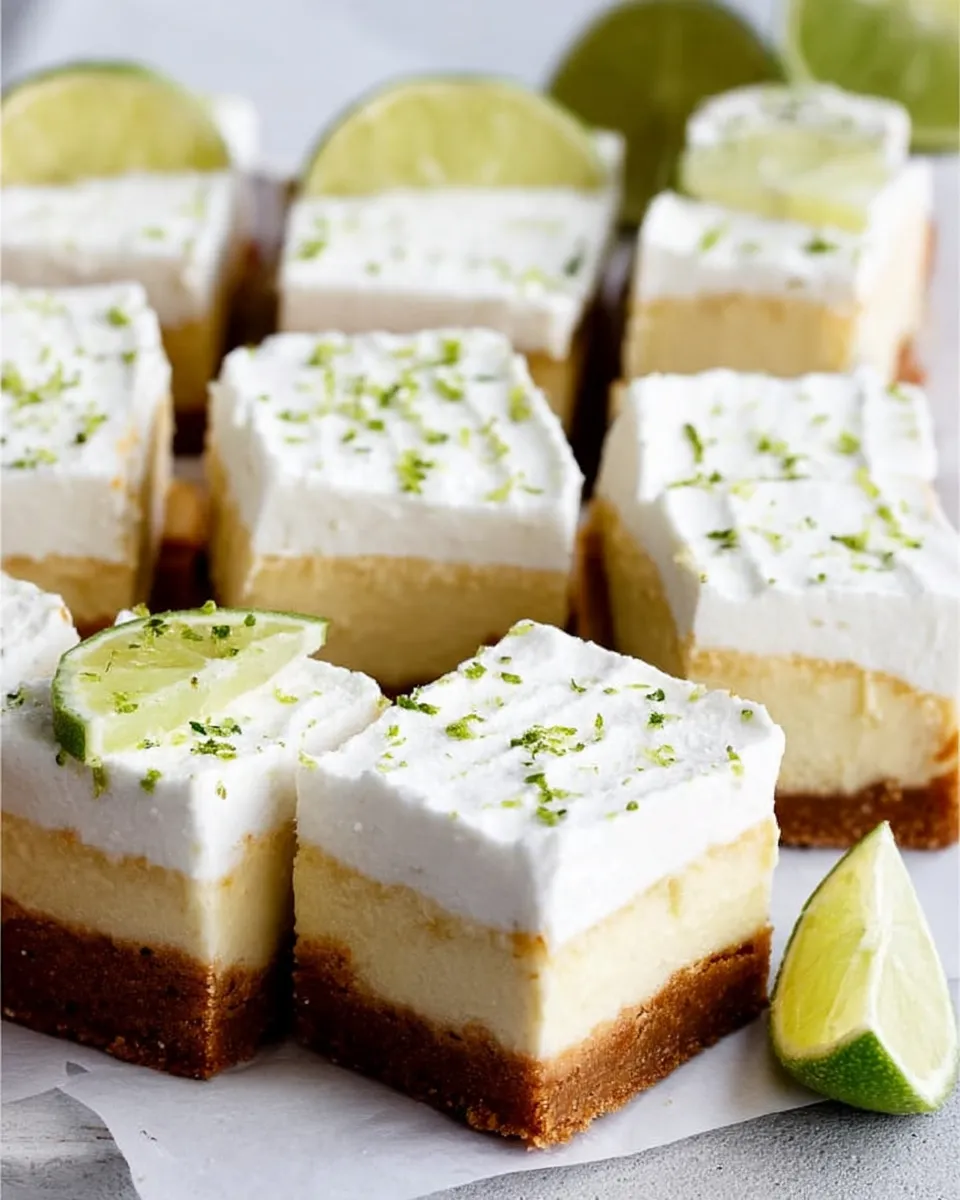 Square-shaped Key Lime Pie Bars with a creamy lime filling and golden graham cracker crust, topped with lime zest and served on a white plate.