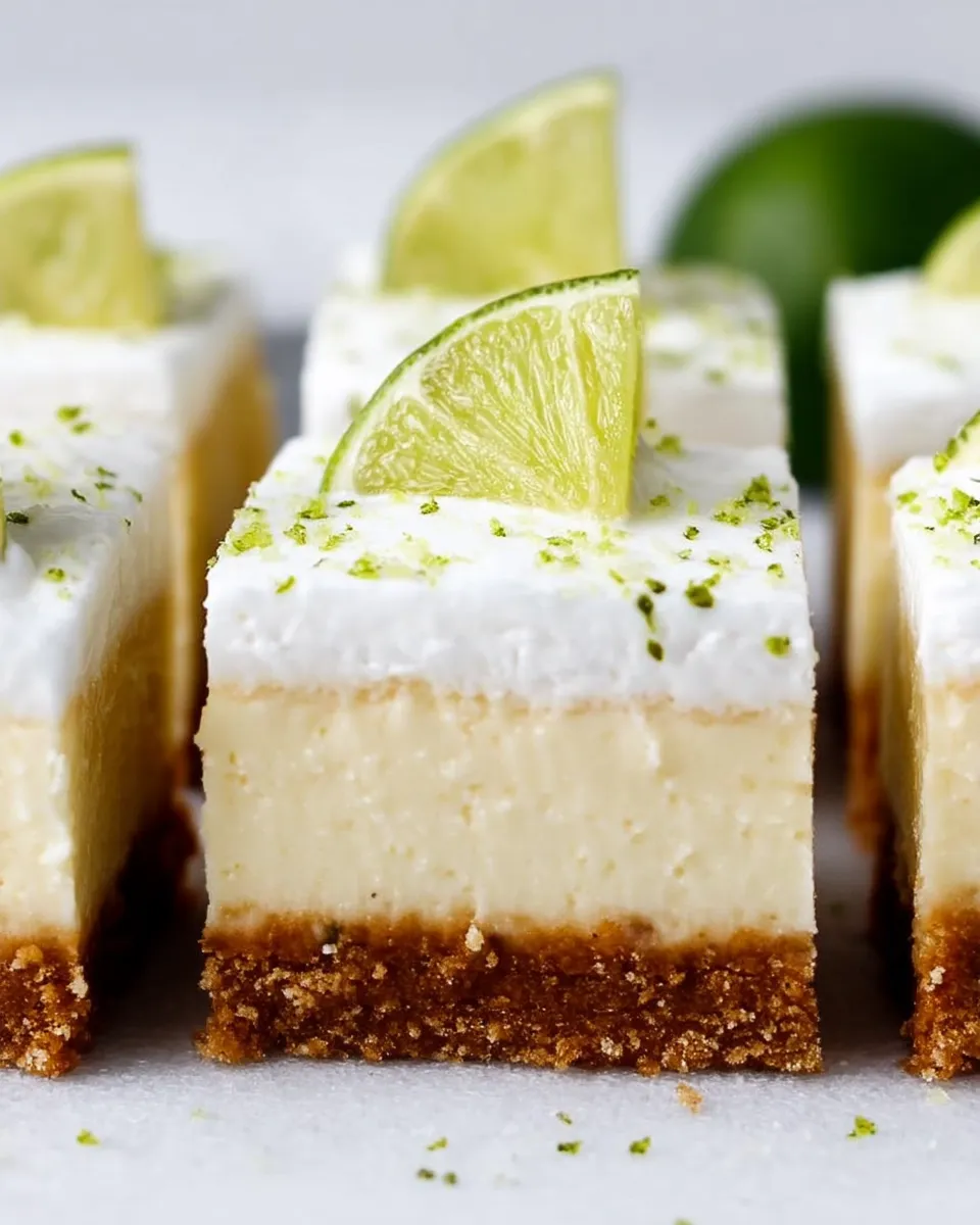 Square-shaped Key Lime Pie Bars with a creamy lime filling and golden graham cracker crust, topped with lime zest and served on a white plate.