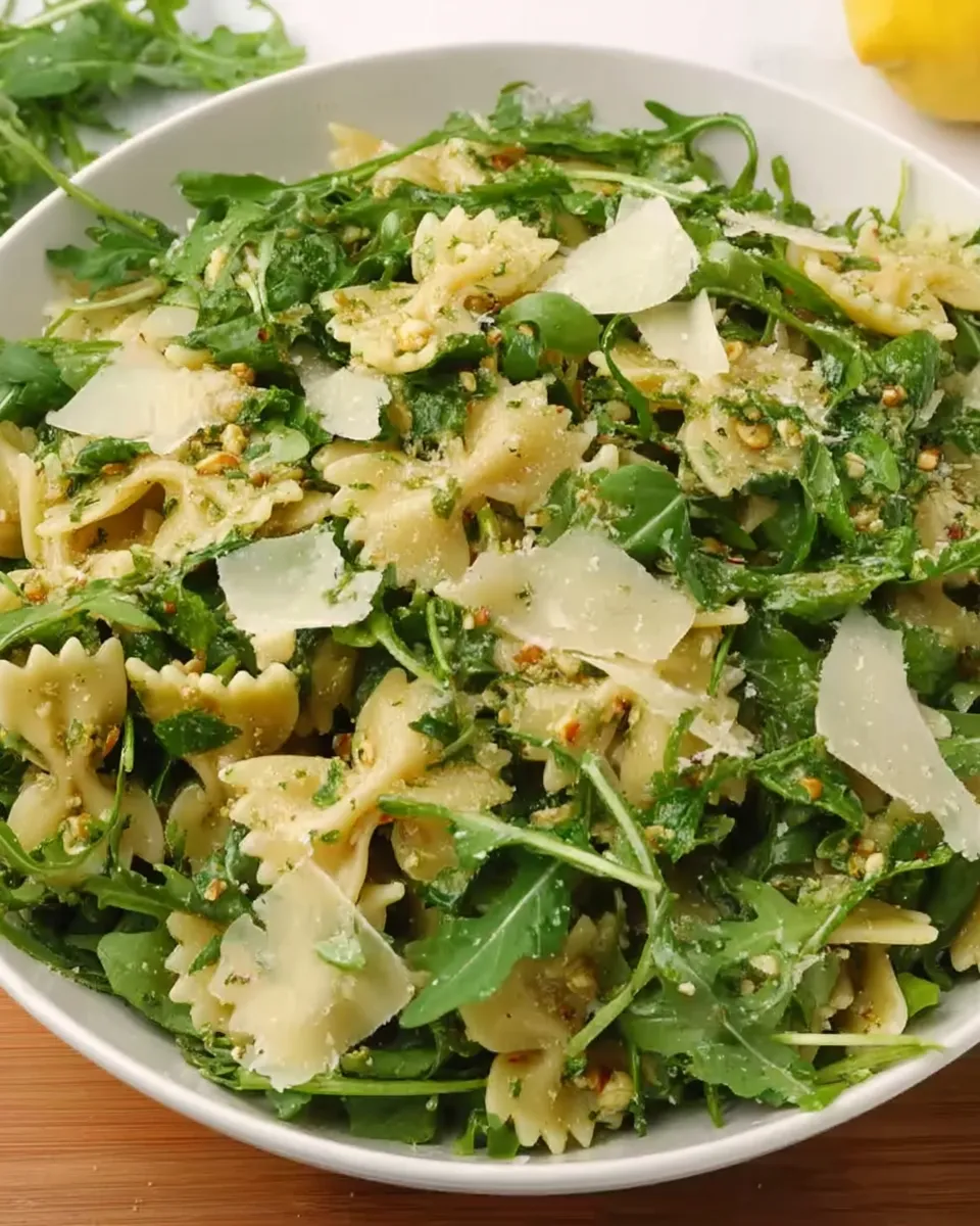 A vibrant Lemon Arugula Pasta Salad tossed with cherry tomatoes, parmesan, and zesty lemon dressing, served in a white bowl with fresh arugula on top.