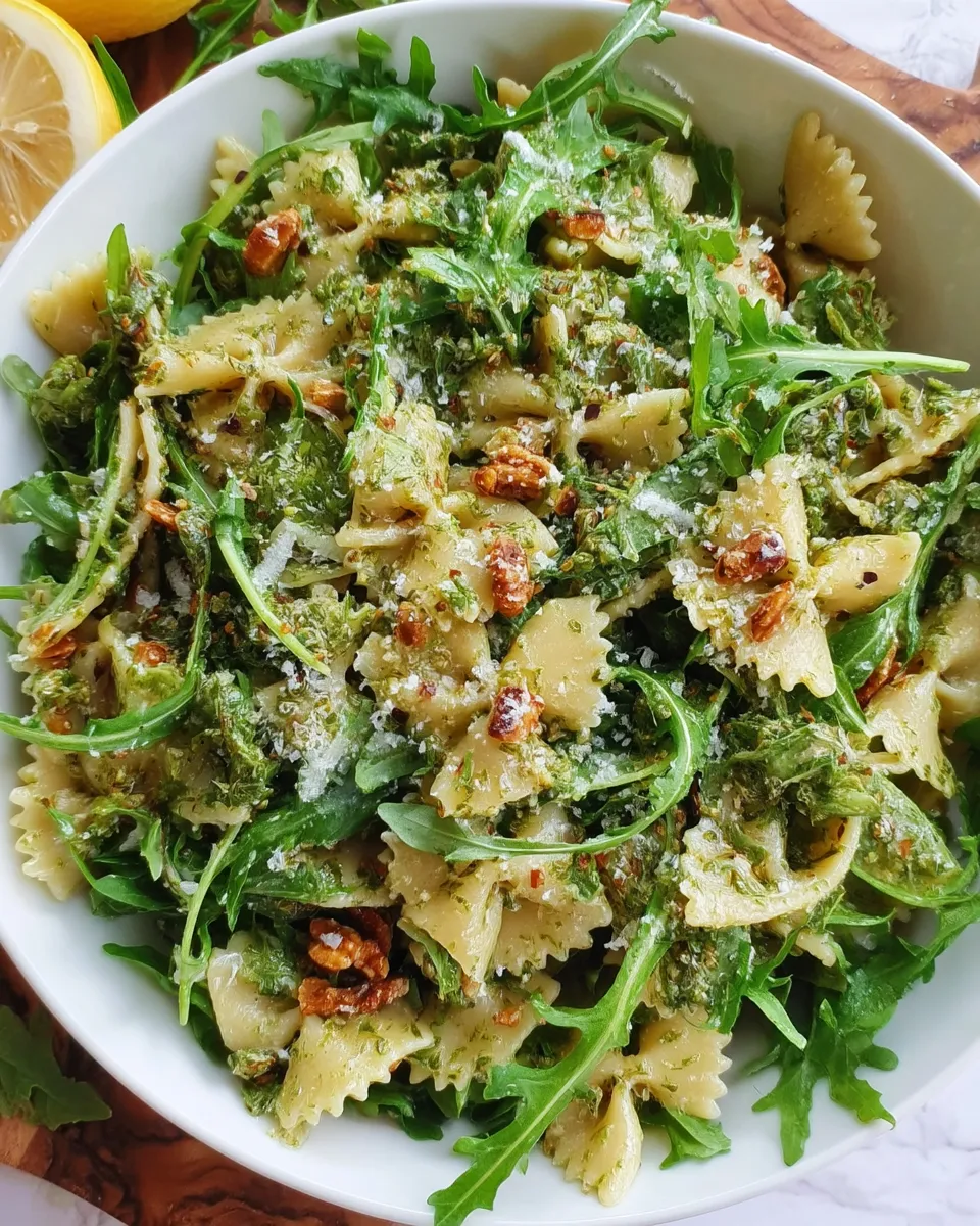 A vibrant Lemon Arugula Pasta Salad tossed with cherry tomatoes, parmesan, and zesty lemon dressing, served in a white bowl with fresh arugula on top.
