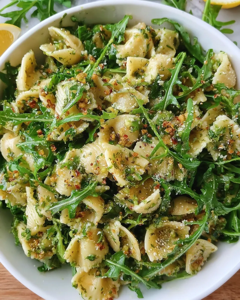 A vibrant Lemon Arugula Pasta Salad tossed with cherry tomatoes, parmesan, and zesty lemon dressing, served in a white bowl with fresh arugula on top.