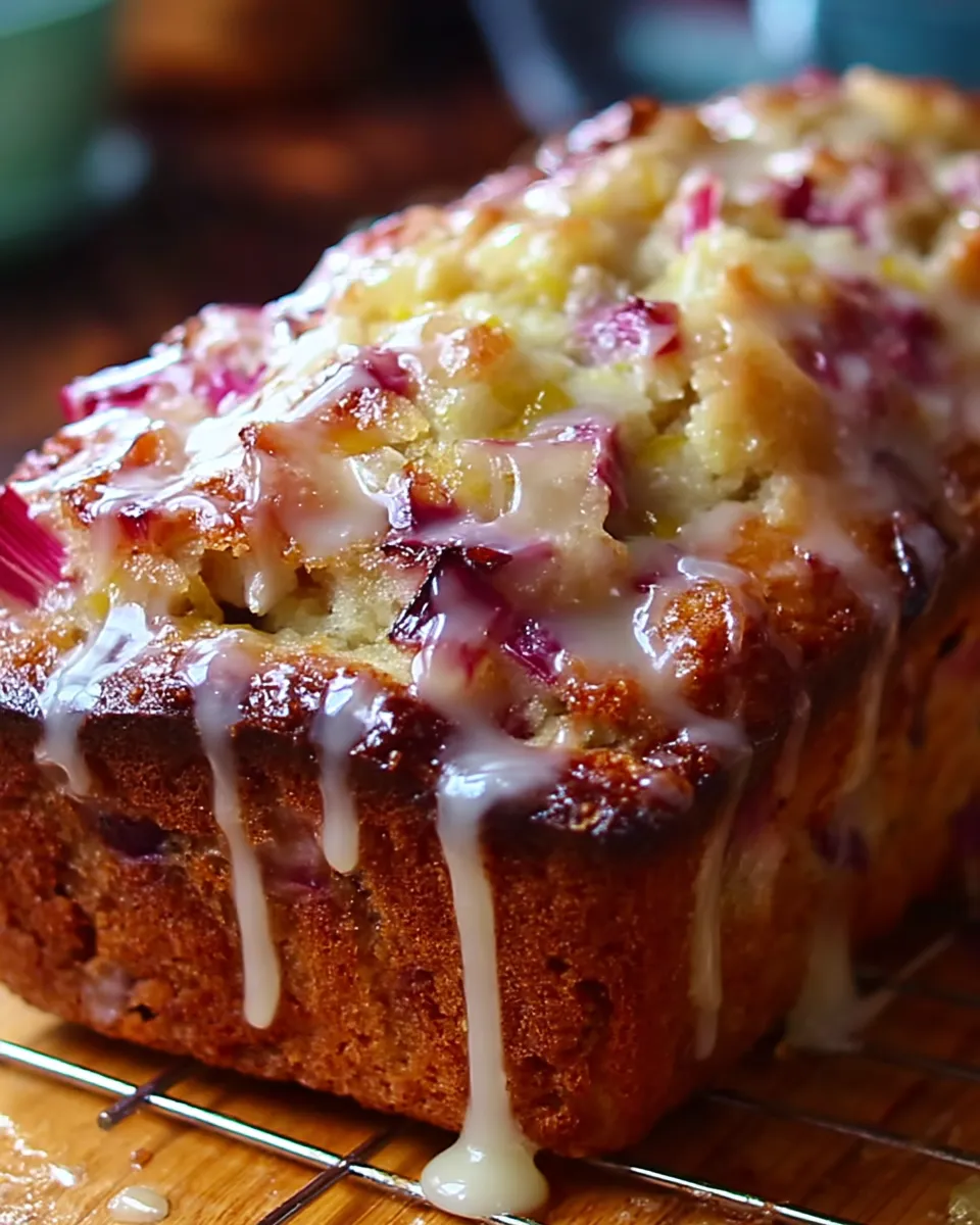 Moist Lemon Rhubarb Loaf topped with a glossy citrus glaze and fresh lemon zest