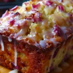 Moist Lemon Rhubarb Loaf topped with a glossy citrus glaze and fresh lemon zest