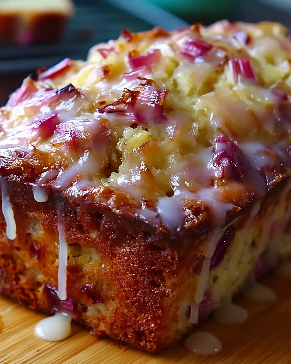Moist Lemon Rhubarb Loaf topped with a glossy citrus glaze and fresh lemon zest